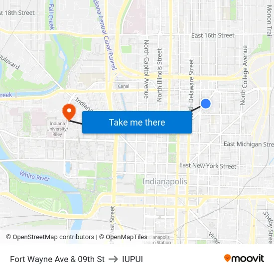 Fort Wayne Ave & 09th St to IUPUI map