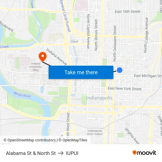 Alabama St & North St to IUPUI map