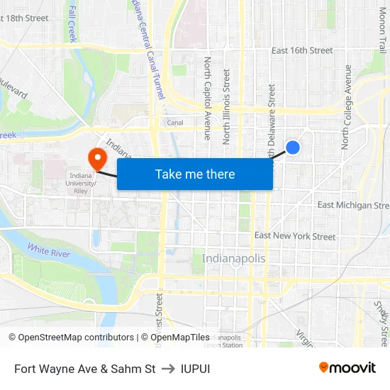 Fort Wayne Ave & Sahm St to IUPUI map