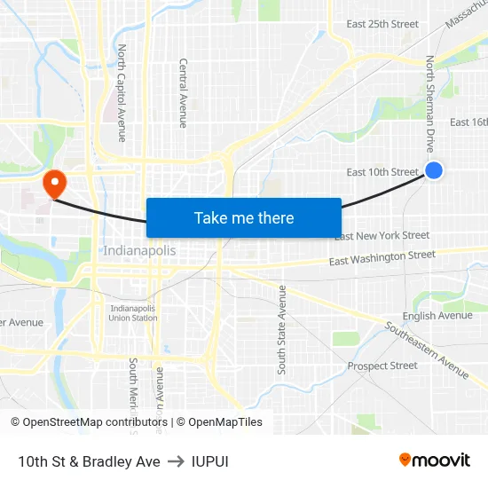 10th St & Bradley Ave to IUPUI map