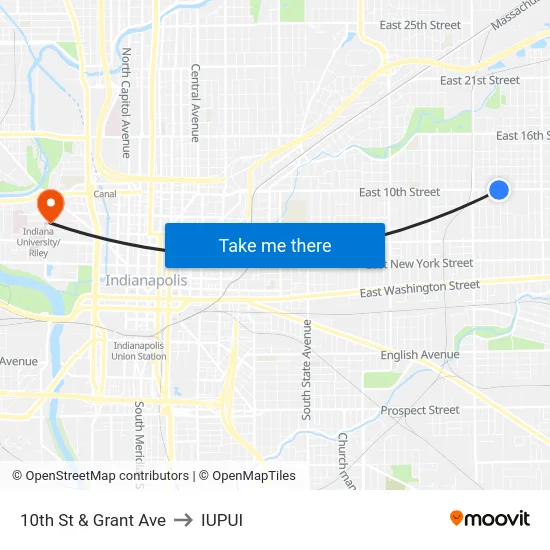 10th St & Grant Ave to IUPUI map