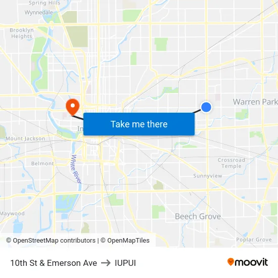 10th St & Emerson Ave to IUPUI map