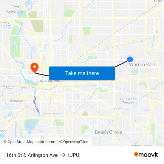 16th St & Arlington Ave to IUPUI map