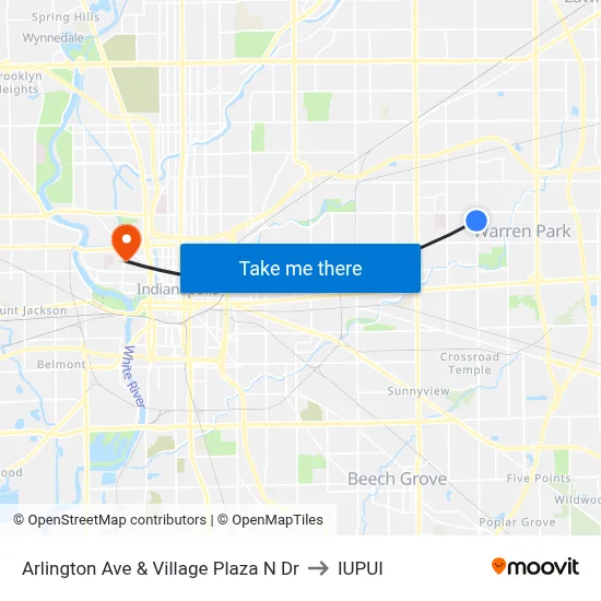 Arlington Ave & Village Plaza N Dr to IUPUI map