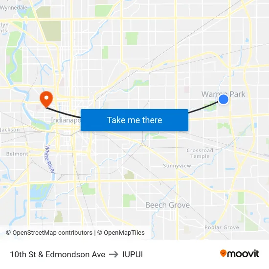 10th St & Edmondson Ave to IUPUI map