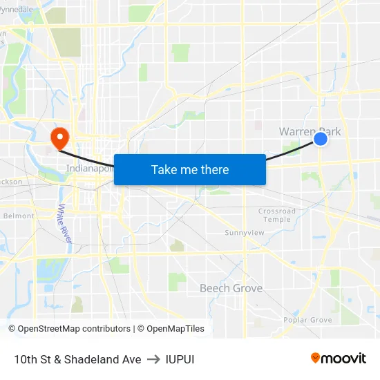 10th St & Shadeland Ave to IUPUI map