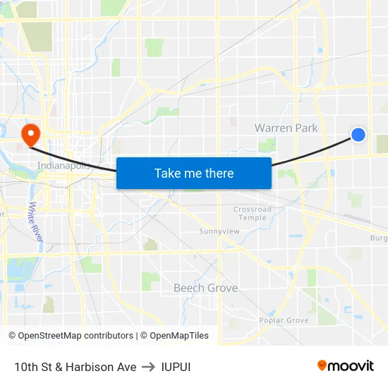 10th St & Harbison Ave to IUPUI map