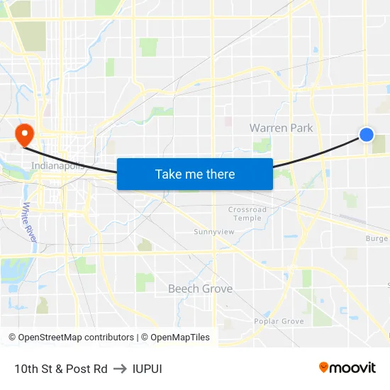 10th St & Post Rd to IUPUI map