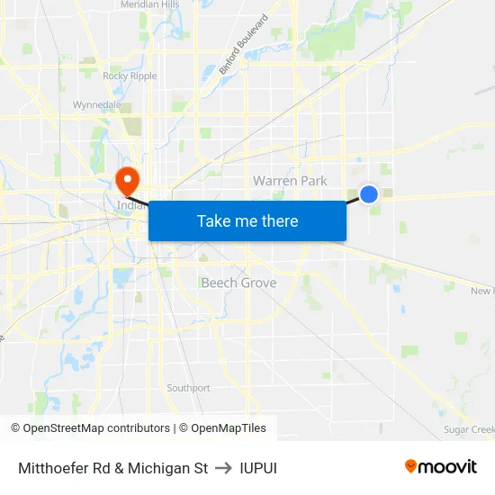 Mitthoefer Rd & Michigan St to IUPUI map