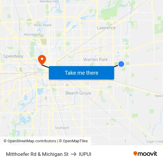 Mitthoefer Rd & Michigan St to IUPUI map