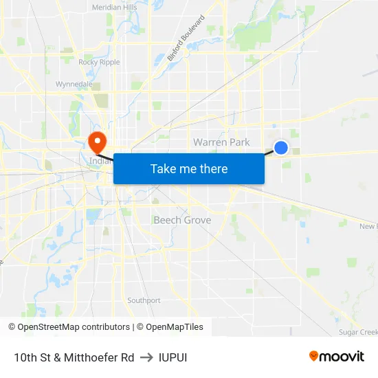 10th St & Mitthoefer Rd to IUPUI map