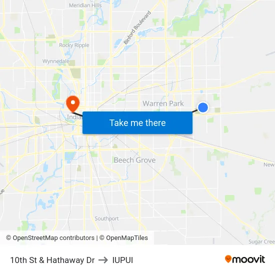 10th St & Hathaway Dr to IUPUI map