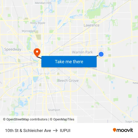 10th St & Schleicher Ave to IUPUI map