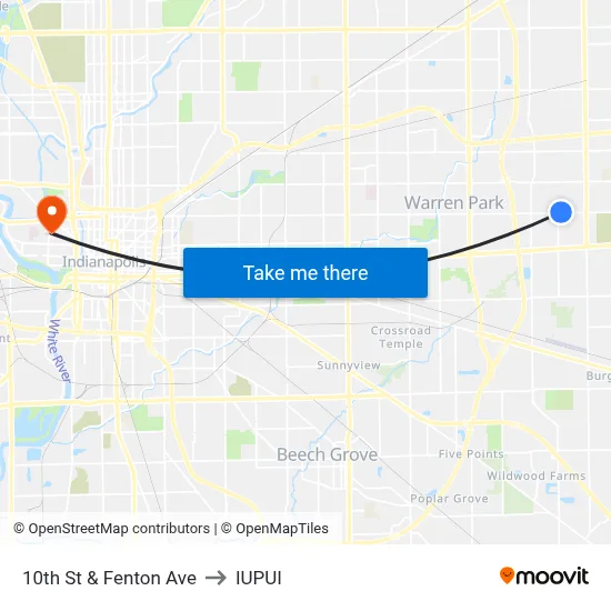 10th St & Fenton Ave to IUPUI map