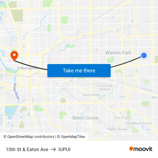 10th St & Eaton Ave to IUPUI map