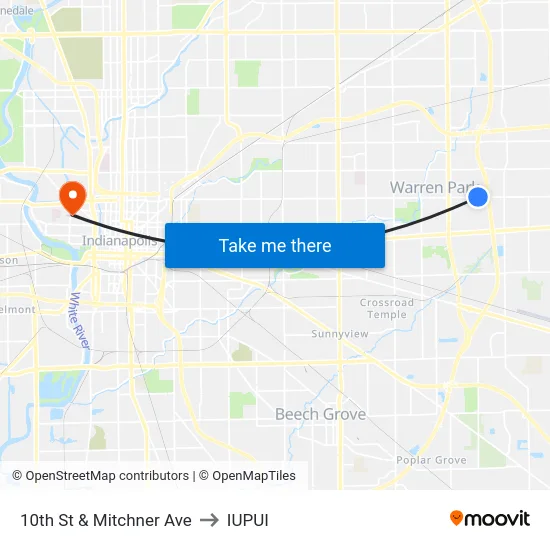 10th St & Mitchner Ave to IUPUI map
