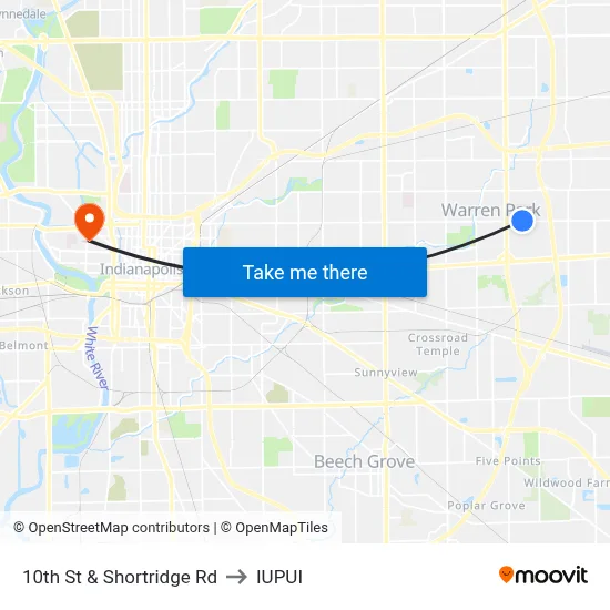 10th St & Shortridge Rd to IUPUI map