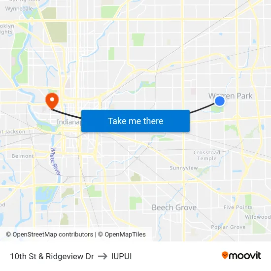 10th St & Ridgeview Dr to IUPUI map