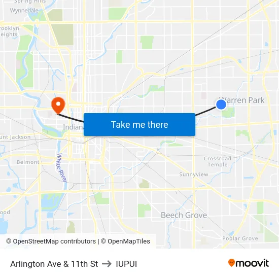 Arlington Ave & 11th St to IUPUI map