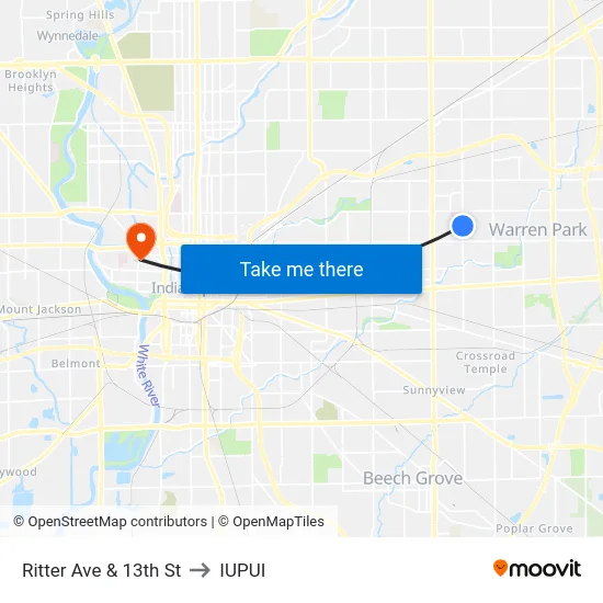 Ritter Ave & 13th St to IUPUI map