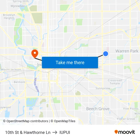 10th St & Hawthorne Ln to IUPUI map