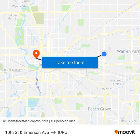 10th St & Emerson Ave to IUPUI map