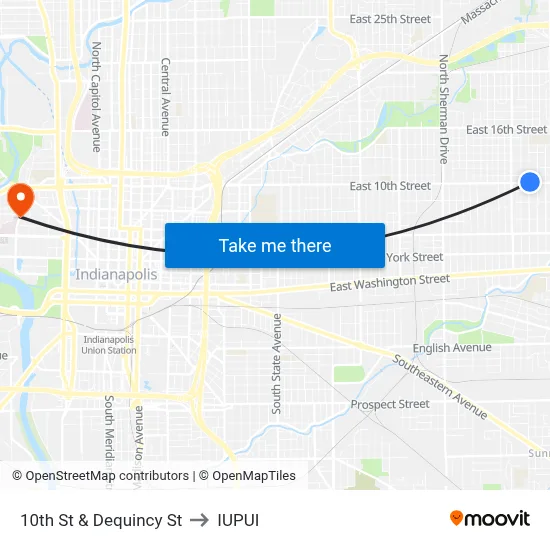 10th St & Dequincy St to IUPUI map