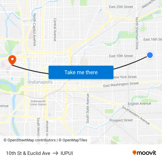 10th St & Euclid Ave to IUPUI map