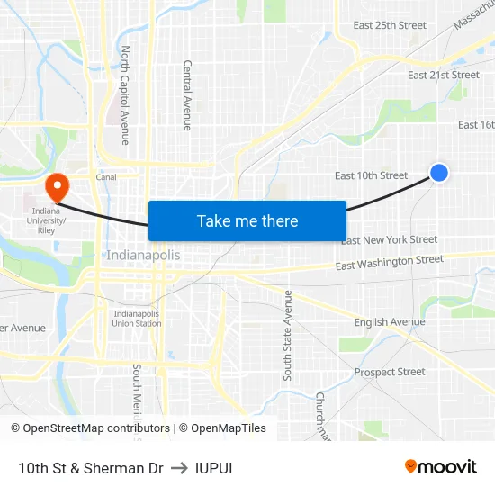 10th St & Sherman Dr to IUPUI map