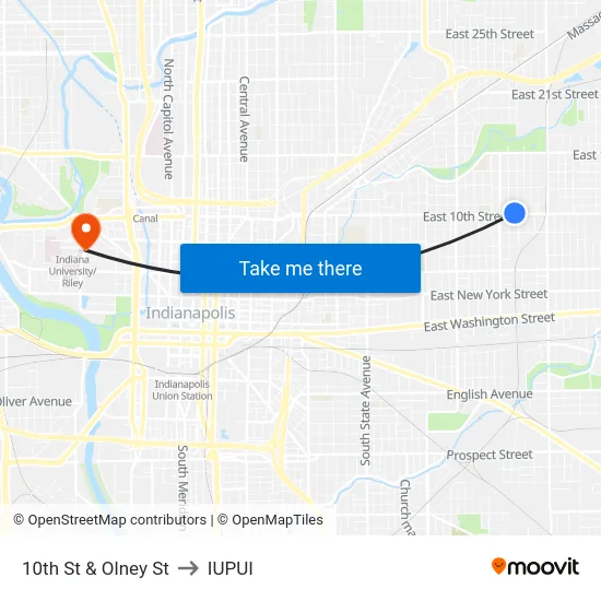 10th St & Olney St to IUPUI map