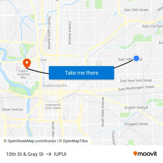10th St & Gray St to IUPUI map