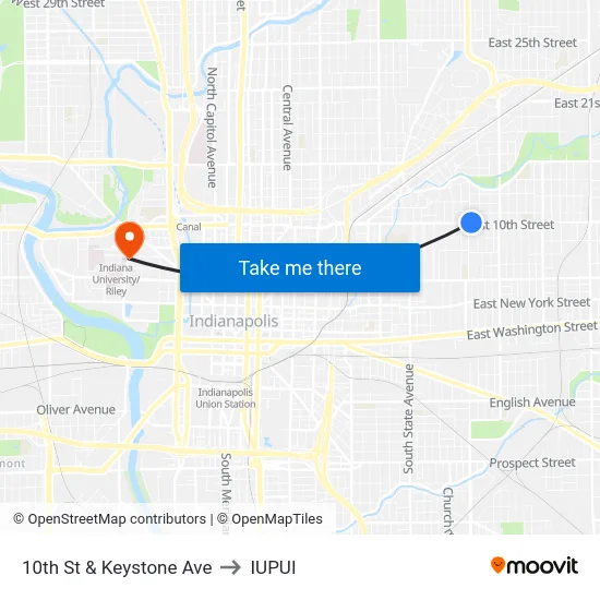 10th St & Keystone Ave to IUPUI map