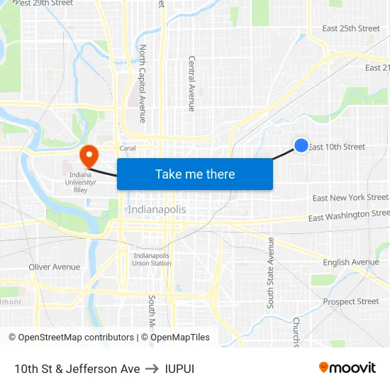 10th St & Jefferson Ave to IUPUI map
