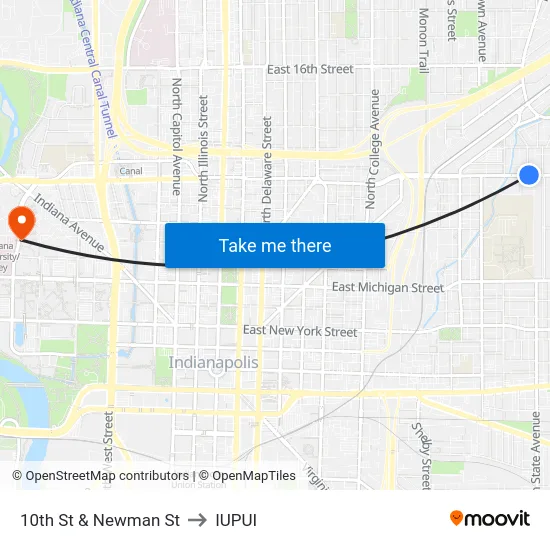 10th St & Newman St to IUPUI map