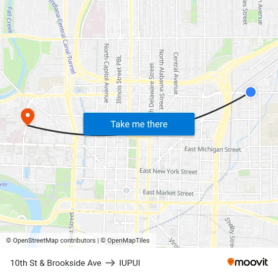 10th St & Brookside Ave to IUPUI map