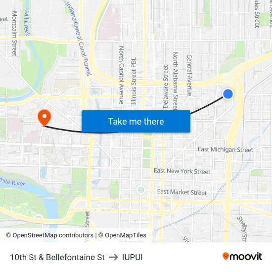 10th St & Bellefontaine St to IUPUI map