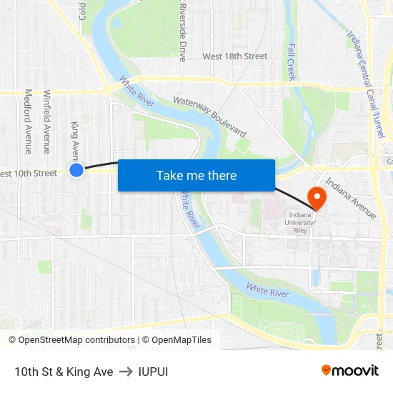 10th St & King Ave to IUPUI map