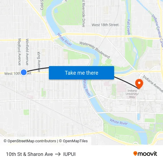 10th St & Sharon Ave to IUPUI map
