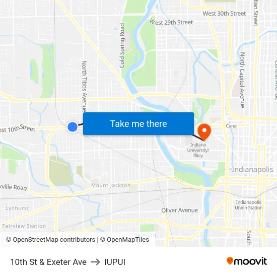 10th St & Exeter Ave to IUPUI map