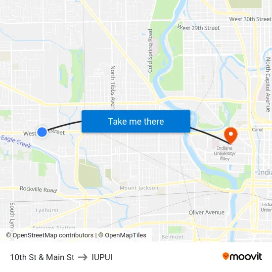 10th St & Main St to IUPUI map