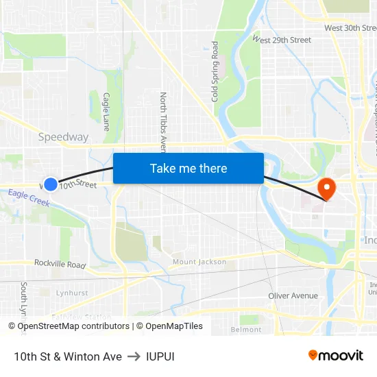 10th St & Winton Ave to IUPUI map