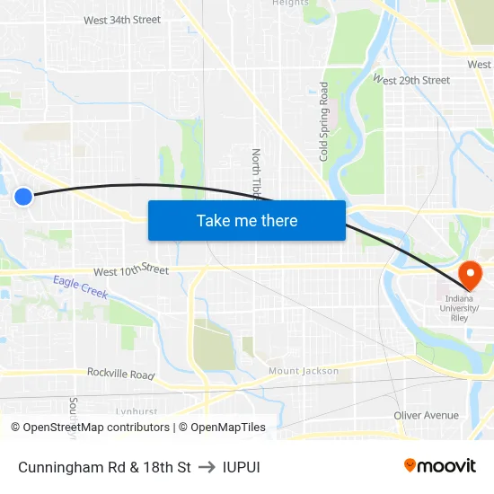 Cunningham Rd & 18th St to IUPUI map