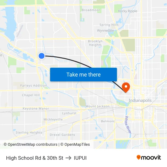 High School Rd & 30th St to IUPUI map