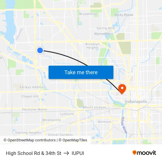 High School Rd & 34th St to IUPUI map