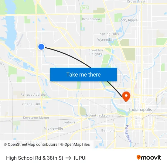 High School Rd & 38th St to IUPUI map