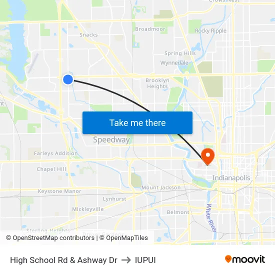 High School Rd & Ashway Dr to IUPUI map