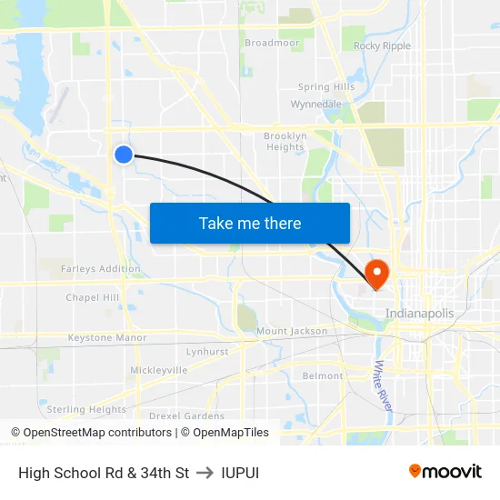 High School Rd & 34th St to IUPUI map