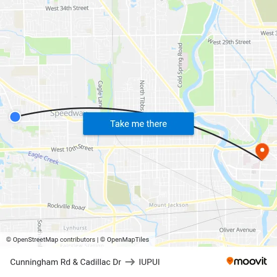 Cunningham Rd & Cadillac Dr to IUPUI map