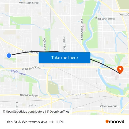 16th St & Whitcomb Ave to IUPUI map