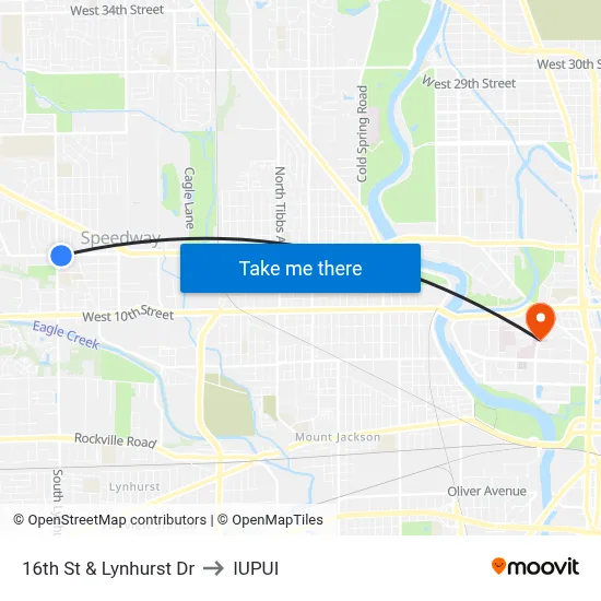 16th St & Lynhurst Dr to IUPUI map